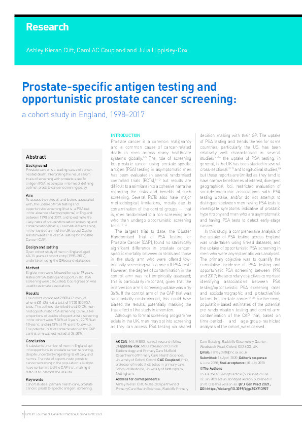 Prostate-specific antigen testing and opportunistic prostate cancer screening: a cohort study in England, 1998–2017 Thumbnail