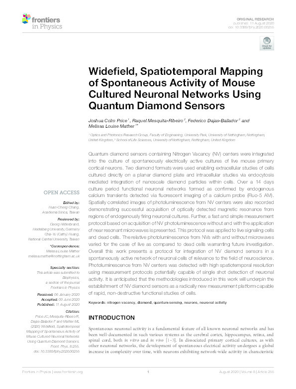 Widefield, Spatiotemporal Mapping of Spontaneous Activity of Mouse Cultured Neuronal Networks Using Quantum Diamond Sensors Thumbnail