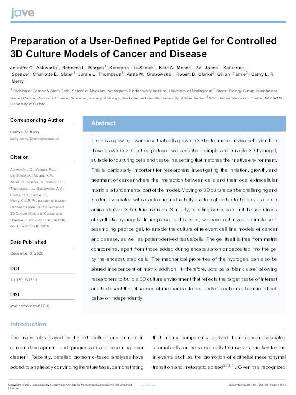 Preparation of a User-Defined Peptide Gel for Controlled 3D Culture Models of Cancer and Disease Thumbnail