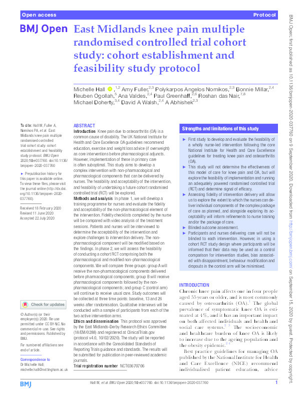 The East Midlands Knee Pain Multiple Randomised Controlled Trial Cohort Study: Cohort Establishment and Feasibility study protocol Thumbnail