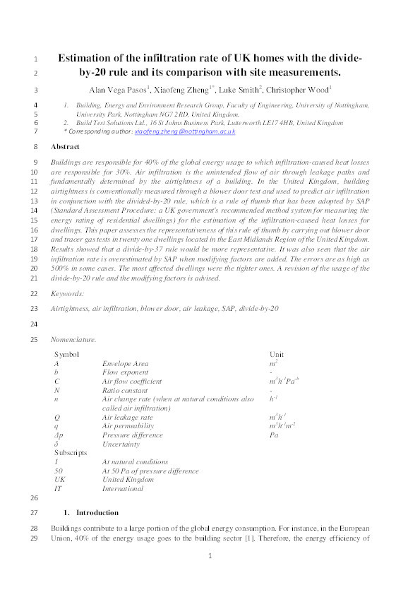 Estimation of the infiltration rate of UK homes with the divide-by-20 rule and its comparison with site measurements Thumbnail