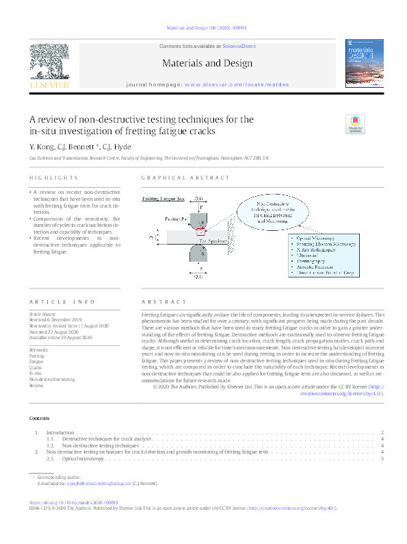 A review of non-destructive testing techniques for the in-situ investigation of fretting fatigue cracks Thumbnail