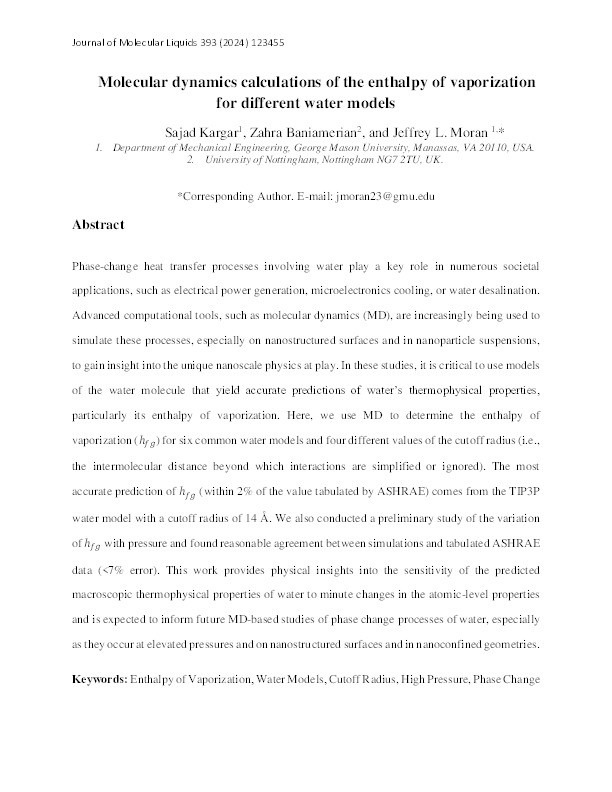 Molecular dynamics calculations of the enthalpy of vaporization for different water models Thumbnail