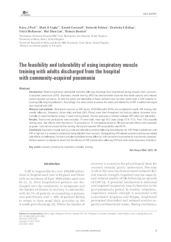 The feasibility and tolerability of using Inspiratory Muscle Training (IMT) with adults discharged from the hospital with community-acquired pneumonia (CAP) Thumbnail