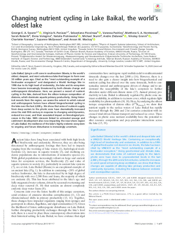 Changing nutrient cycling in Lake Baikal, the world’s oldest lake Thumbnail