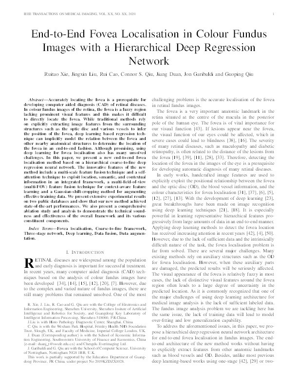 End-to-End Fovea Localisation in Colour Fundus Images with a Hierarchical Deep Regression Network Thumbnail