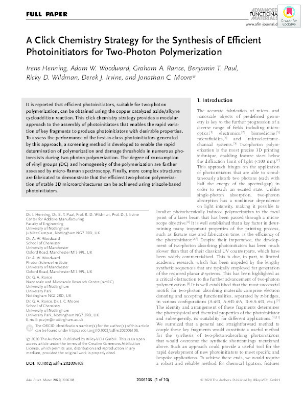 A Click Chemistry Strategy for the Synthesis of Efficient Photoinitiators for Two‐Photon Polymerization Thumbnail