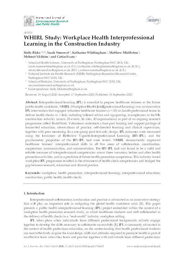 WHIRL Study: Workplace Health Interprofessional Learning in the Construction Industry Thumbnail