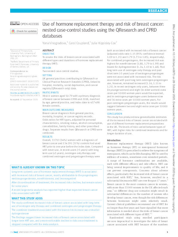 Use of hormone replacement therapy and risk of breast cancer: nested case-control studies using the QResearch and CPRD databases Thumbnail