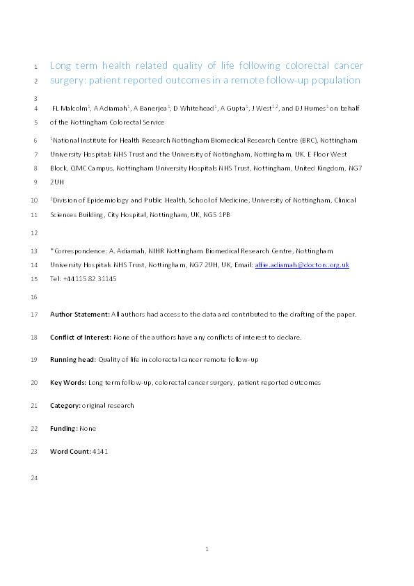 Long term health related quality of life following colorectal cancer surgery: patient reported outcomes in a remote follow-up population Thumbnail