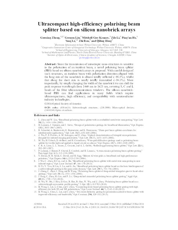 Ultracompact high-efficiency polarising beam splitter based on silicon nanobrick arrays Thumbnail