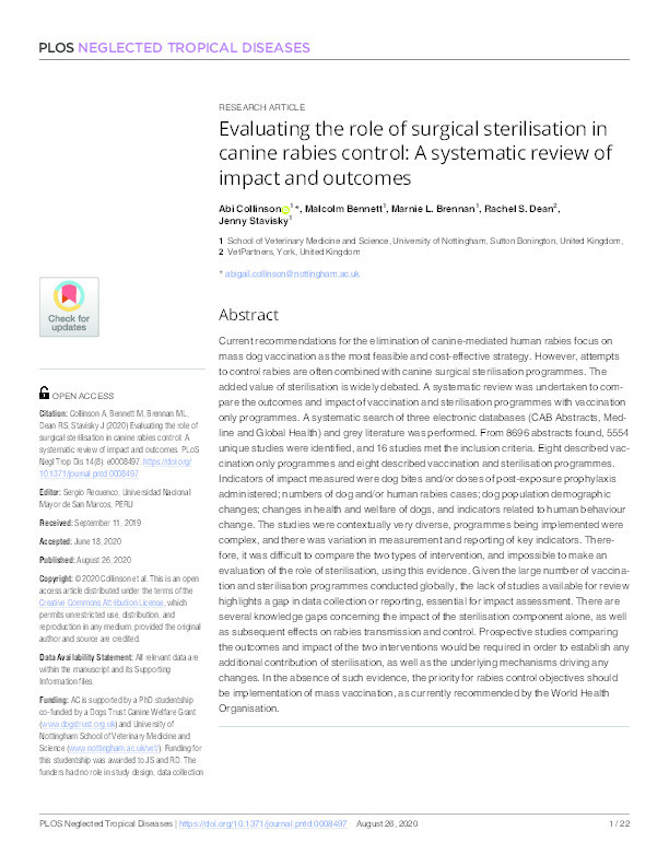 Evaluating the role of surgical sterilisation in canine rabies control: A systematic review of impact and outcomes Thumbnail