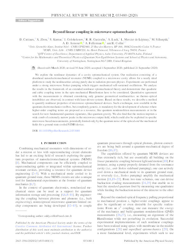 Beyond linear coupling in microwave optomechanics Thumbnail