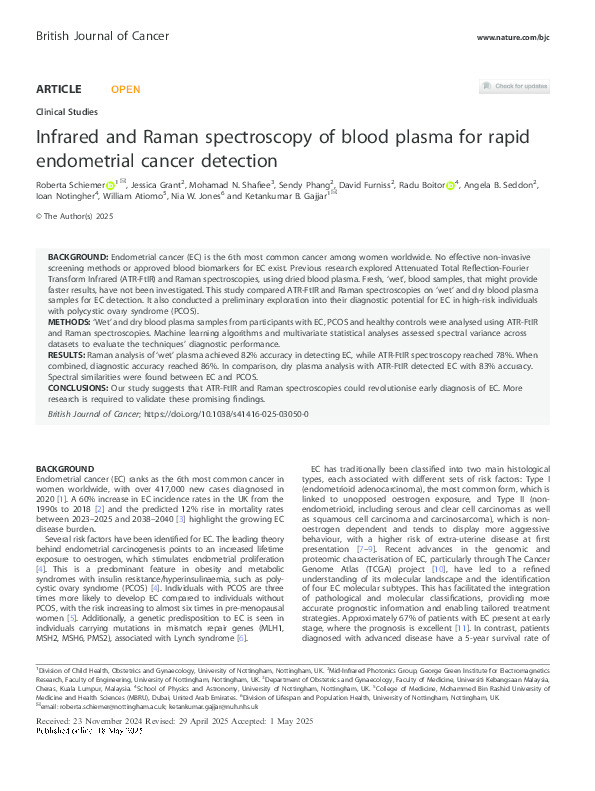 Infrared and Raman spectroscopy of blood plasma for rapid endometrial cancer detection Thumbnail