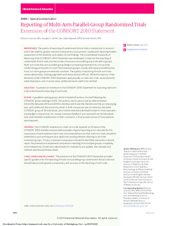 Reporting of Multi-Arm Parallel-Group Randomized Trials: Extension of the CONSORT 2010 Statement Thumbnail