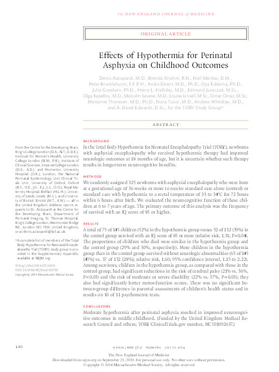 Effects of Hypothermia for Perinatal Asphyxia on Childhood Outcomes Thumbnail