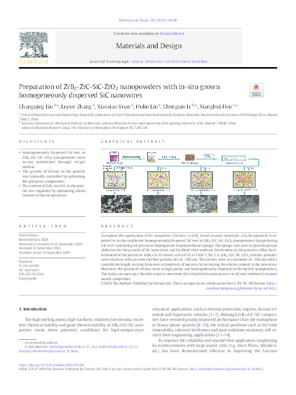 Preparation of ZrB2-ZrC-SiC-ZrO2 nanopowders with in-situ grown homogeneously dispersed SiC nanowires Thumbnail