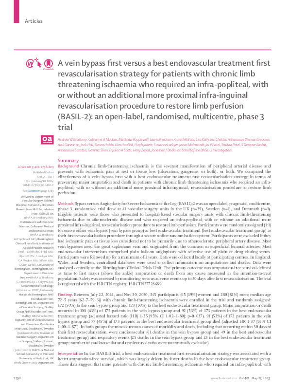A vein bypass first versus a best endovascular treatment first revascularisation strategy for patients with chronic limb threatening ischaemia who required an infra-popliteal, with or without an additional more proximal infra-inguinal revascularisation procedure to restore limb perfusion (BASIL-2): an open-label, randomised, multicentre, phase 3 trial Thumbnail
