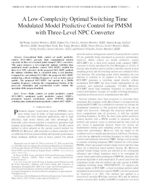 A Low-Complexity Optimal Switching Time-Modulated Model-Predictive Control for PMSM With Three-Level NPC Converter Thumbnail