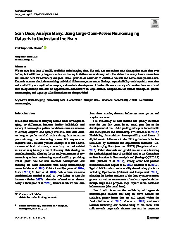 Scan Once, Analyse Many: Using large open-access neuroimaging datasets to understand the brain Thumbnail