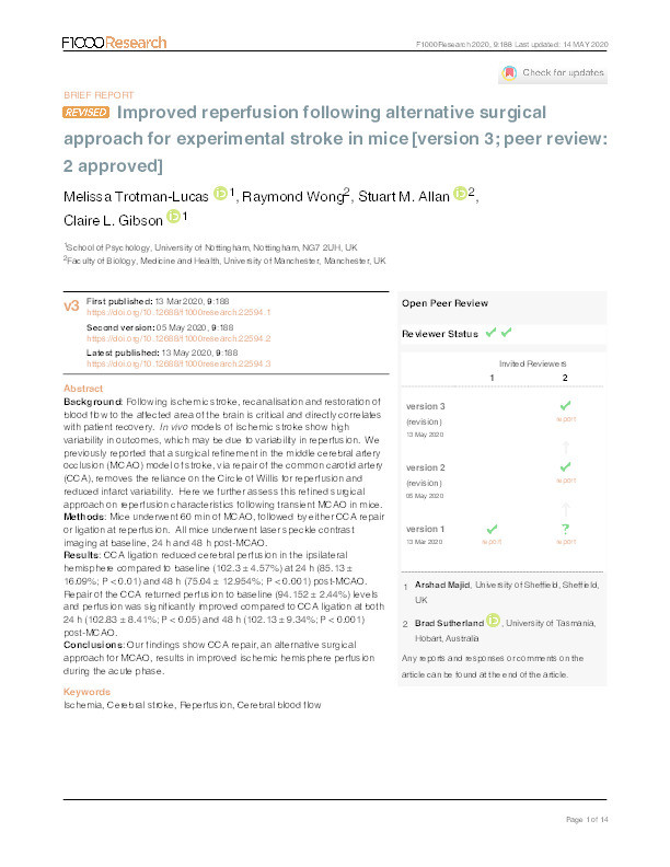 Improved reperfusion following alternative surgical approach for experimental stroke in mice Thumbnail