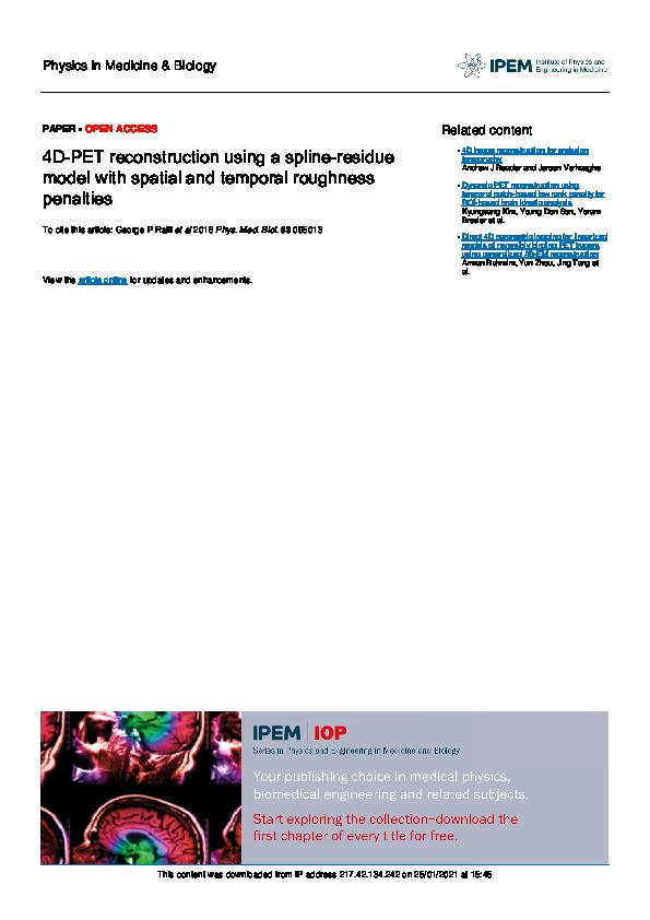 4D-PET reconstruction using a spline-residue model with spatial and temporal roughness penalties Thumbnail