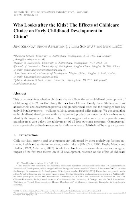 Who Looks after the Kids? The Effects of Childcare Choice on Early Childhood Development in China Thumbnail