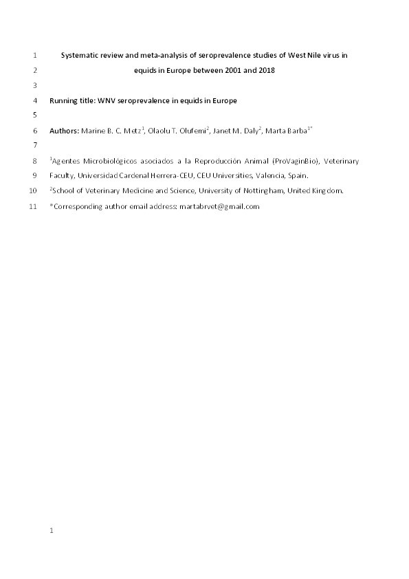 Systematic review and meta‐analysis of seroprevalence studies of West Nile virus in equids in Europe between 2001 and 2018 Thumbnail