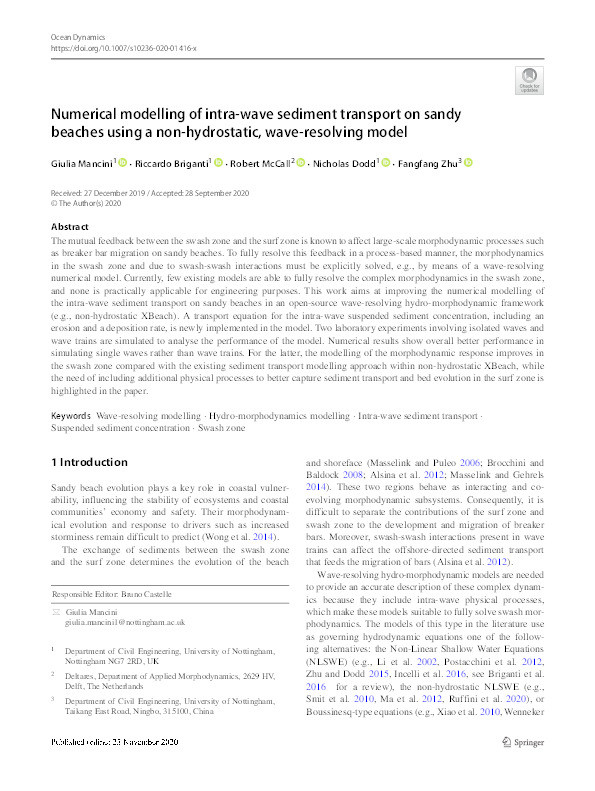 Numerical modelling of intra-wave sediment transport on sandy beaches using a non-hydrostatic, wave-resolving model Thumbnail