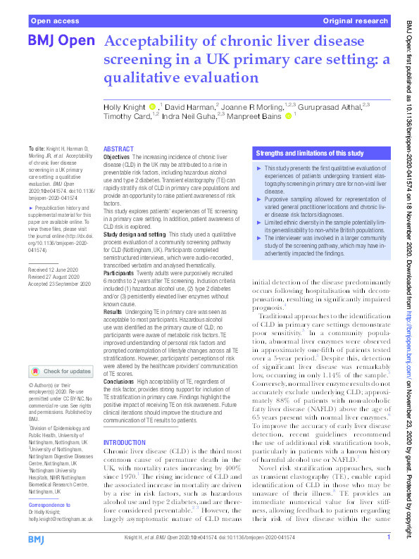 Acceptability of chronic liver disease screening in a UK primary care setting: a qualitative evaluation Thumbnail