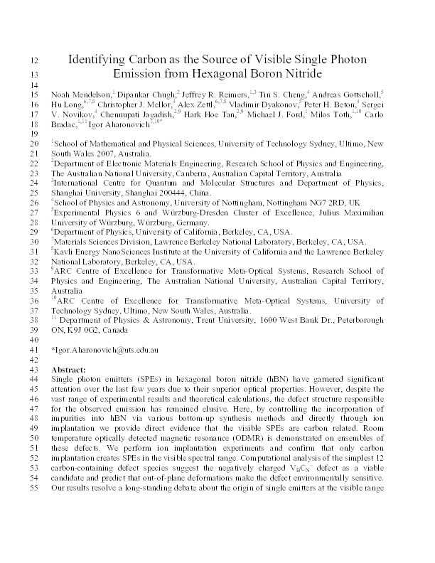 Identifying carbon as the source of visible single-photon emission from hexagonal boron nitride Thumbnail