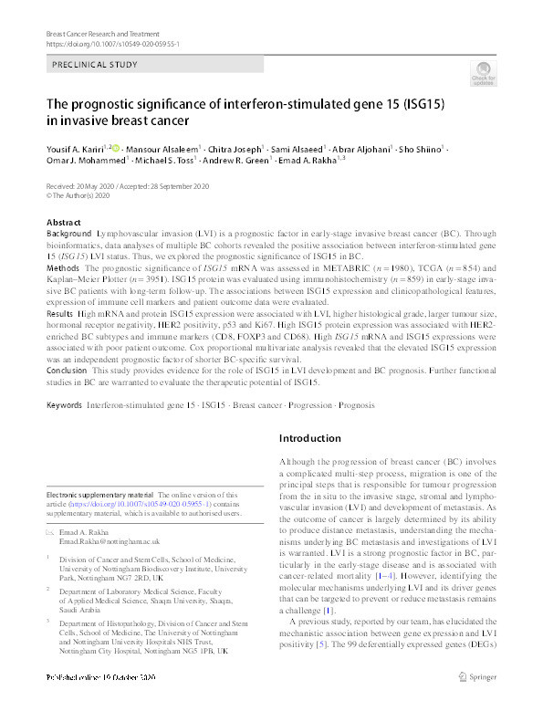 The prognostic significance of Interferon Stimulated Gene 15 (ISG15) in invasive breast cancer Thumbnail