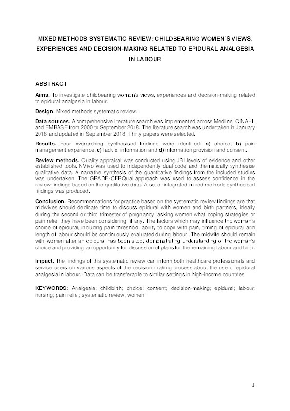 Mixed-methods systematic review: Childbearing women's views, experiences, and decision-making related to epidural analgesia in labour Thumbnail