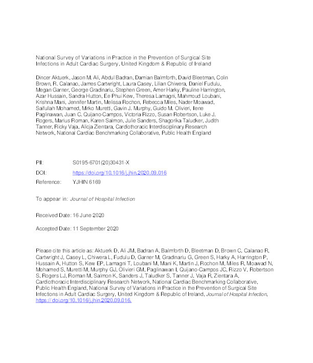 National Survey of Variations in Practice in the Prevention of Surgical Site Infections in Adult Cardiac Surgery, United Kingdom & Republic of Ireland Thumbnail