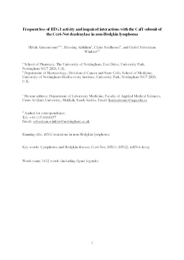 Frequent loss of BTG1 activity and impaired interactions with the Caf1 subunit of the Ccr4–Not deadenylase in non-Hodgkin lymphoma Thumbnail