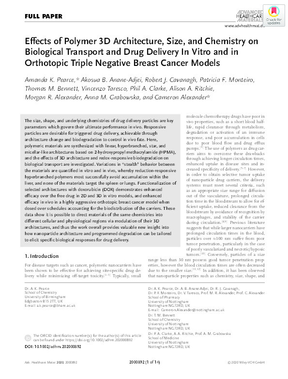 Effects of Polymer 3D Architecture, Size, and Chemistry on Biological Transport and Drug Delivery In Vitro and in Orthotopic Triple Negative Breast Cancer Models Thumbnail