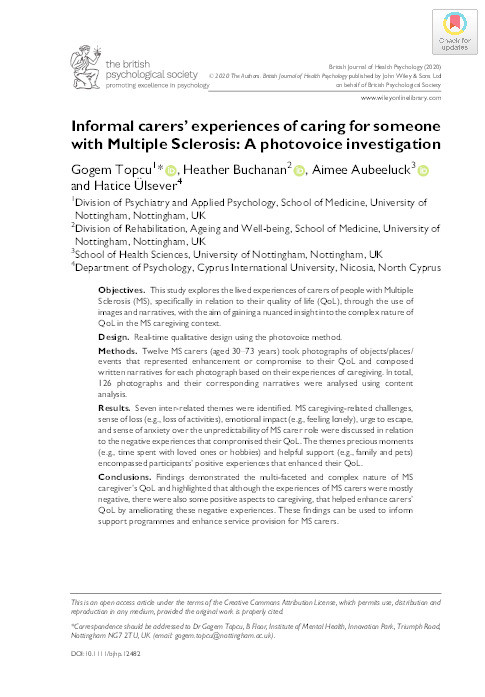 Informal carers’ experiences of caring for someone with Multiple Sclerosis: A photovoice investigation Thumbnail