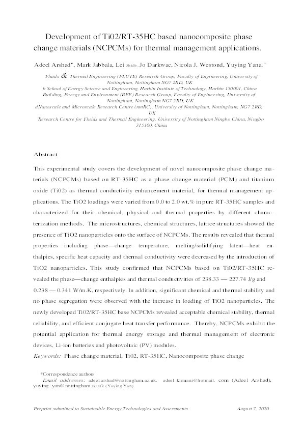 Development of TiO2/RT–35HC based nanocomposite phase change materials (NCPCMs) for thermal management applications Thumbnail