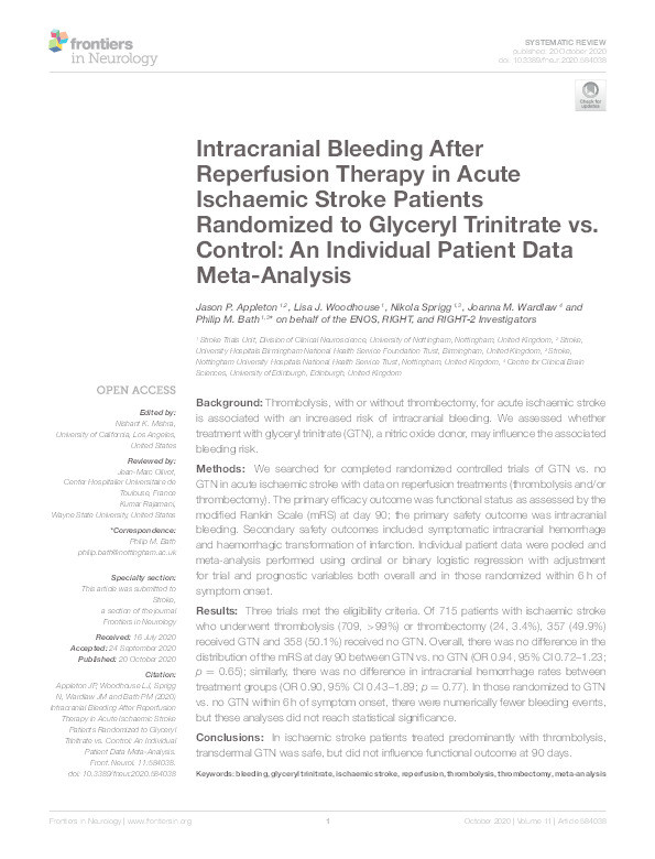 Intracranial Bleeding After Reperfusion Therapy in Acute Ischaemic Stroke Patients Randomized to Glyceryl Trinitrate vs. Control: An Individual Patient Data Meta-Analysis Thumbnail