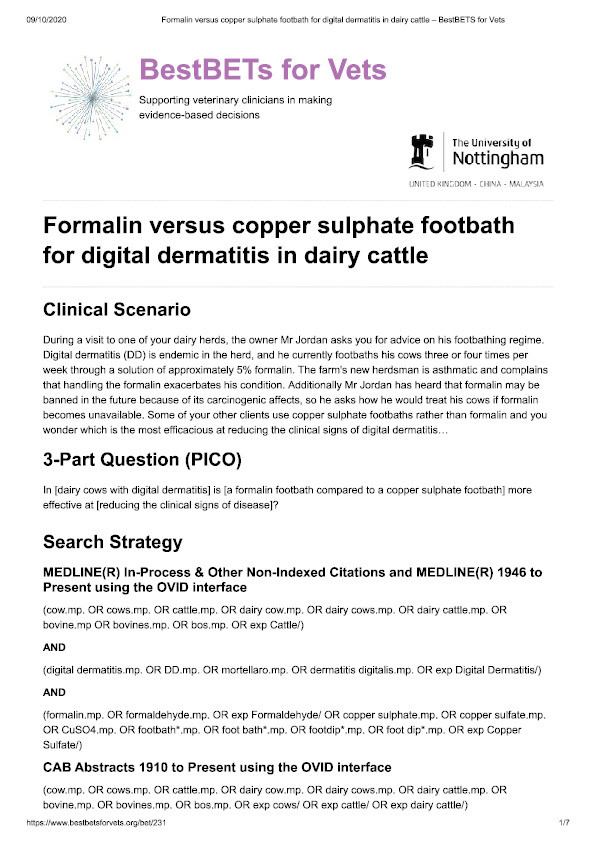 Are copper sulfate footbaths as effective as formalin footbaths in reducing clinical signs of digital dermatitis in dairy cattle? Thumbnail