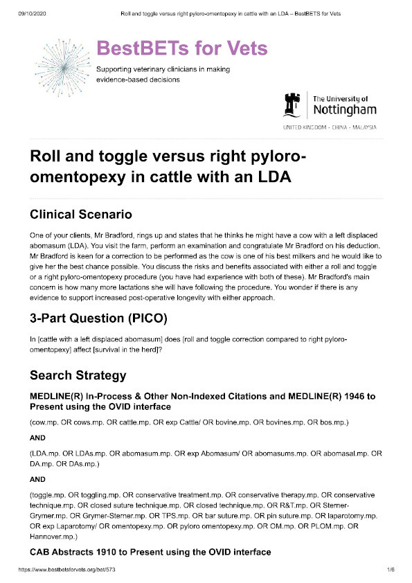 Comparing survival times in cattle with a left displaced abomasum treated with roll-and-toggle correction or right pyloro-omentopexy Thumbnail