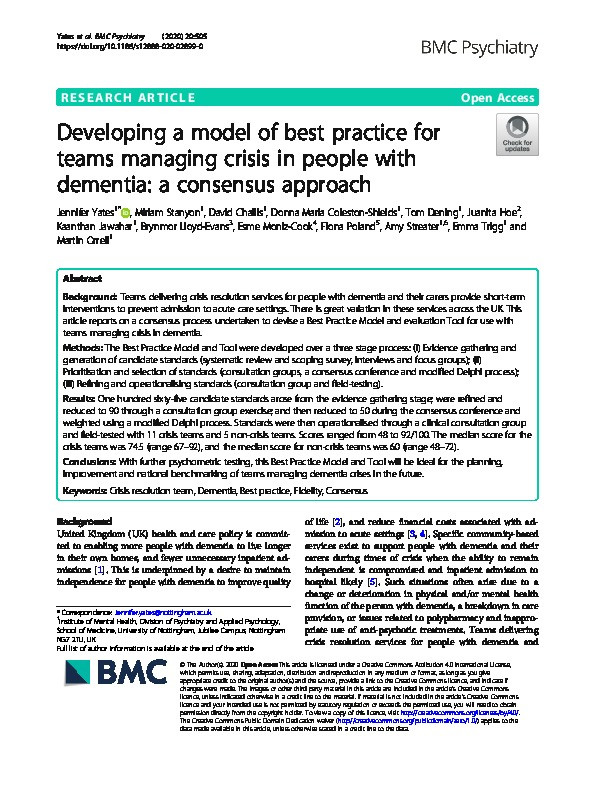 Developing a model of best practice for teams managing crisis in people with dementia: A consensus approach Thumbnail