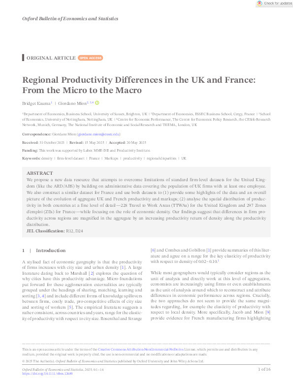 Regional Productivity Differences in the UK and France: From the Micro to the Macro Thumbnail