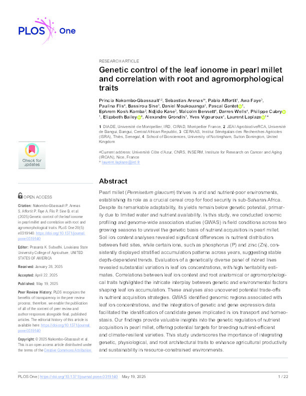 Genetic control of the leaf ionome in pearl millet and correlation with root and agromorphological traits Thumbnail
