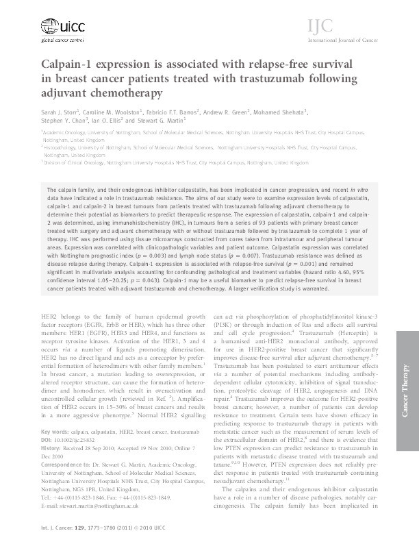 Calpain-1 expression is associated with relapse-free survival in breast cancer patients treated with trastuzumab following adjuvant chemotherapy Thumbnail