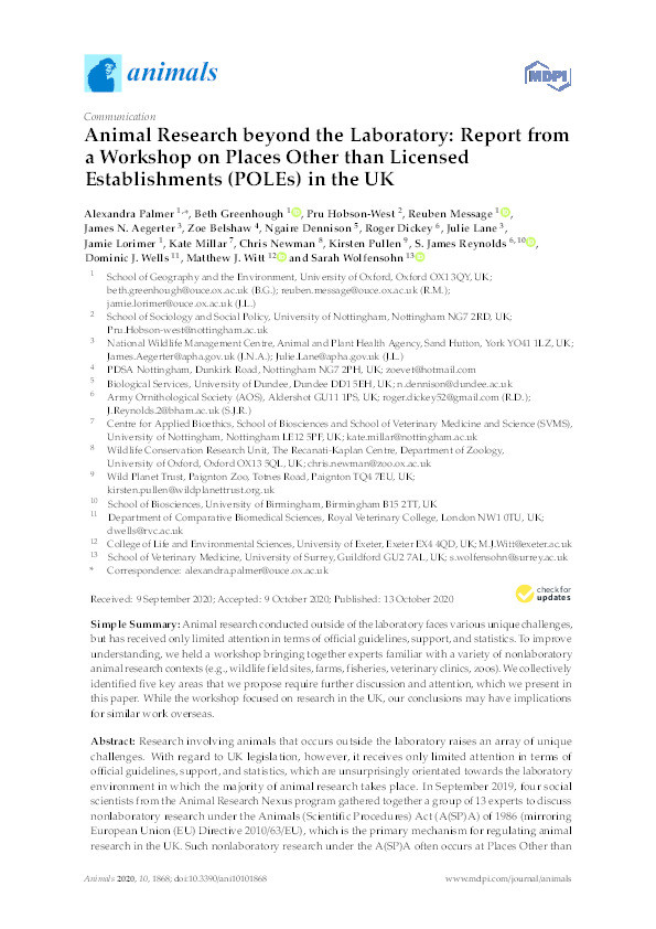 Animal research beyond the laboratory: Report from a workshop on places other than licensed establishments (POLEs) in the UK Thumbnail