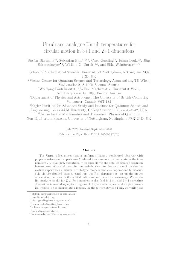 Unruh and analogue Unruh temperatures for circular motion in 3+1 and 2+1 dimensions Thumbnail