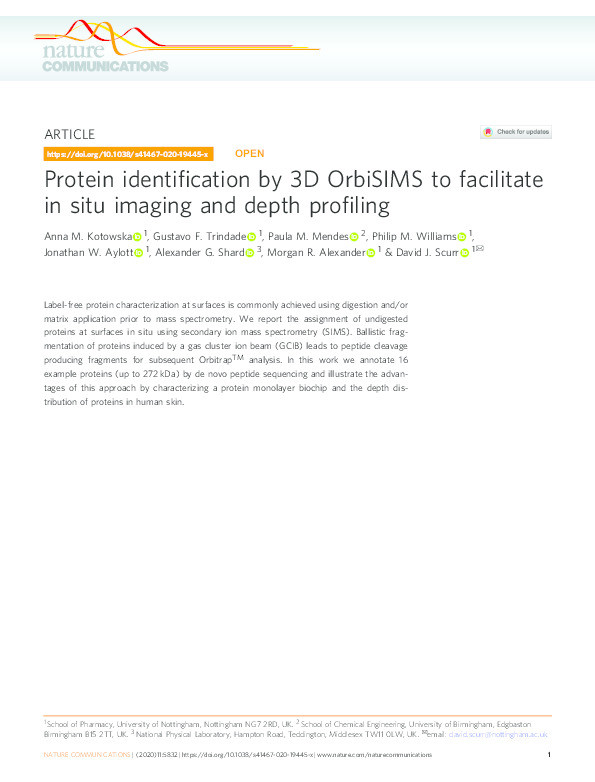 Protein identification by 3D OrbiSIMS to facilitate in situ imaging and depth profiling Thumbnail