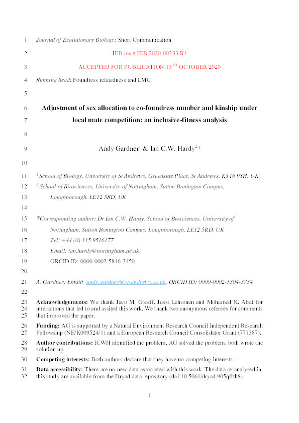 Adjustment of sex allocation to co-foundress number and kinship under local mate competition: An inclusive-fitness analysis Thumbnail