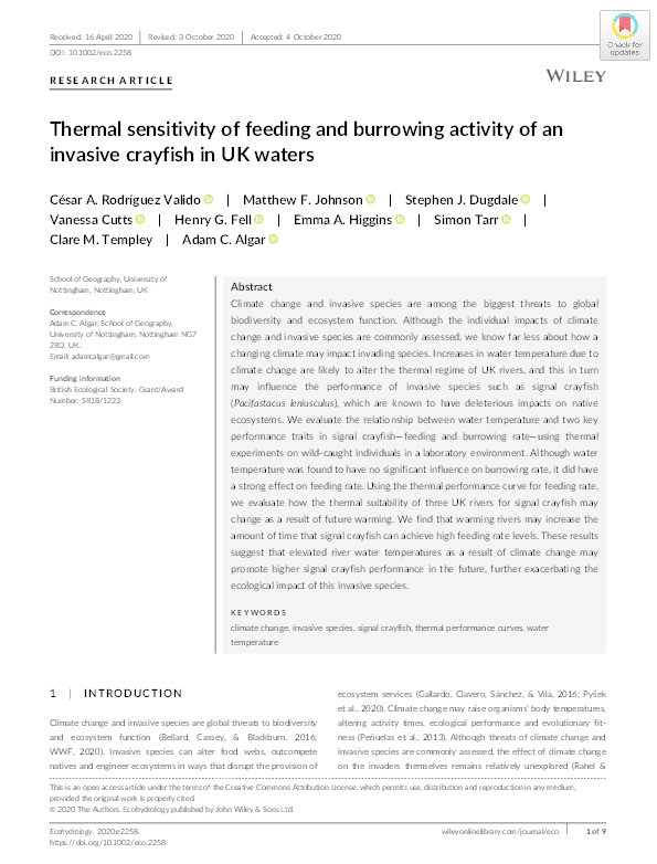 Thermal sensitivity of feeding and burrowing activity of an invasive crayfish in UK waters Thumbnail